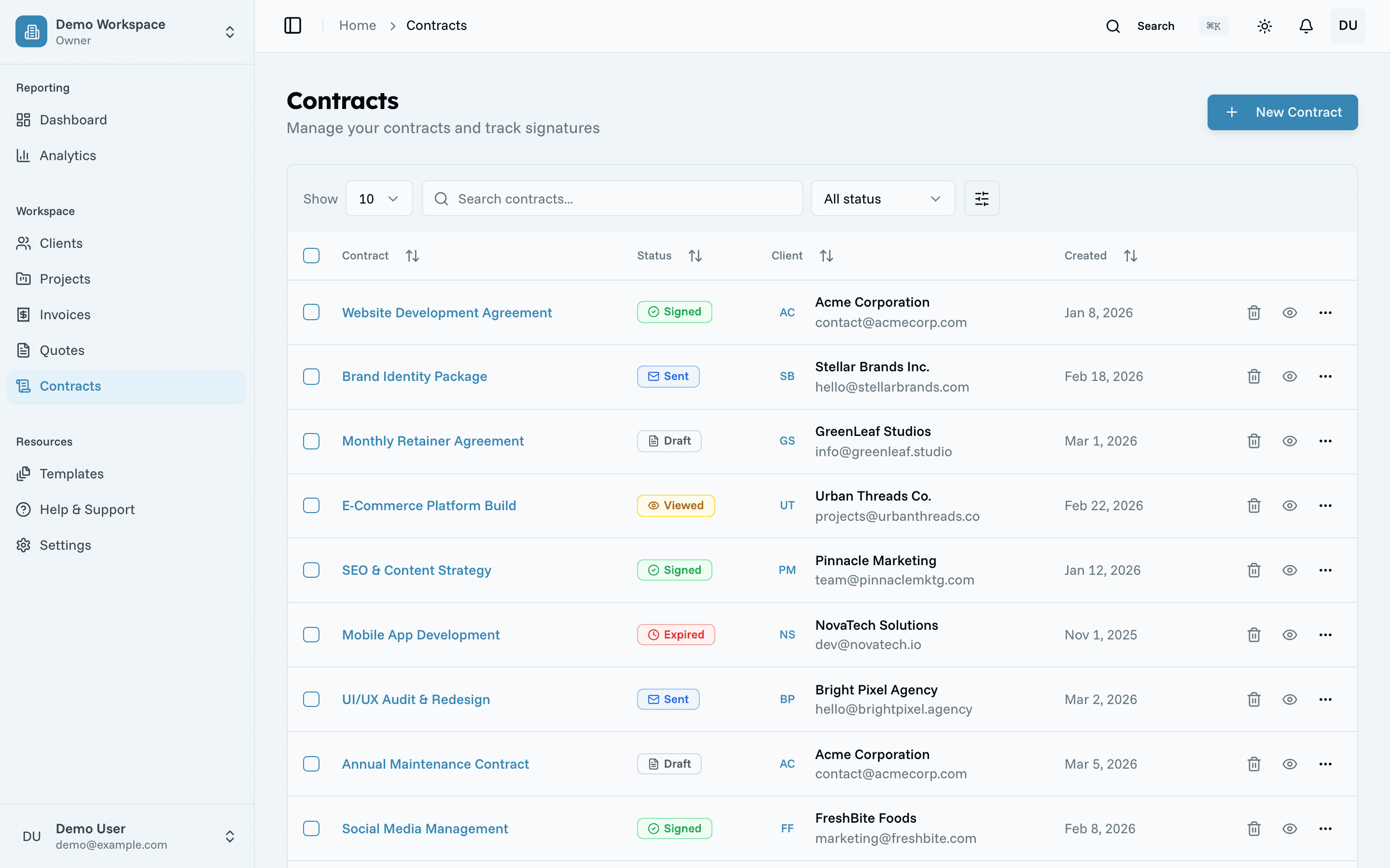Oreko contracts management with status tracking