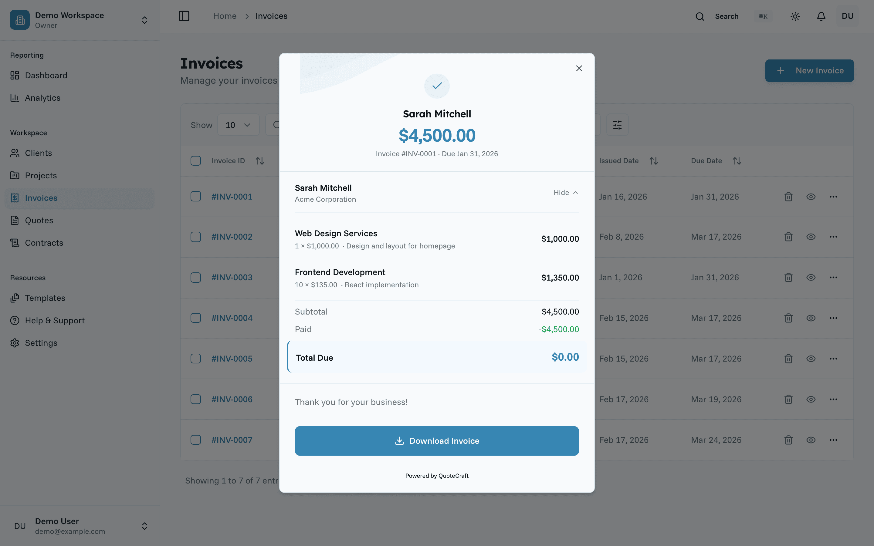 Oreko invoice with line items and payment tracking