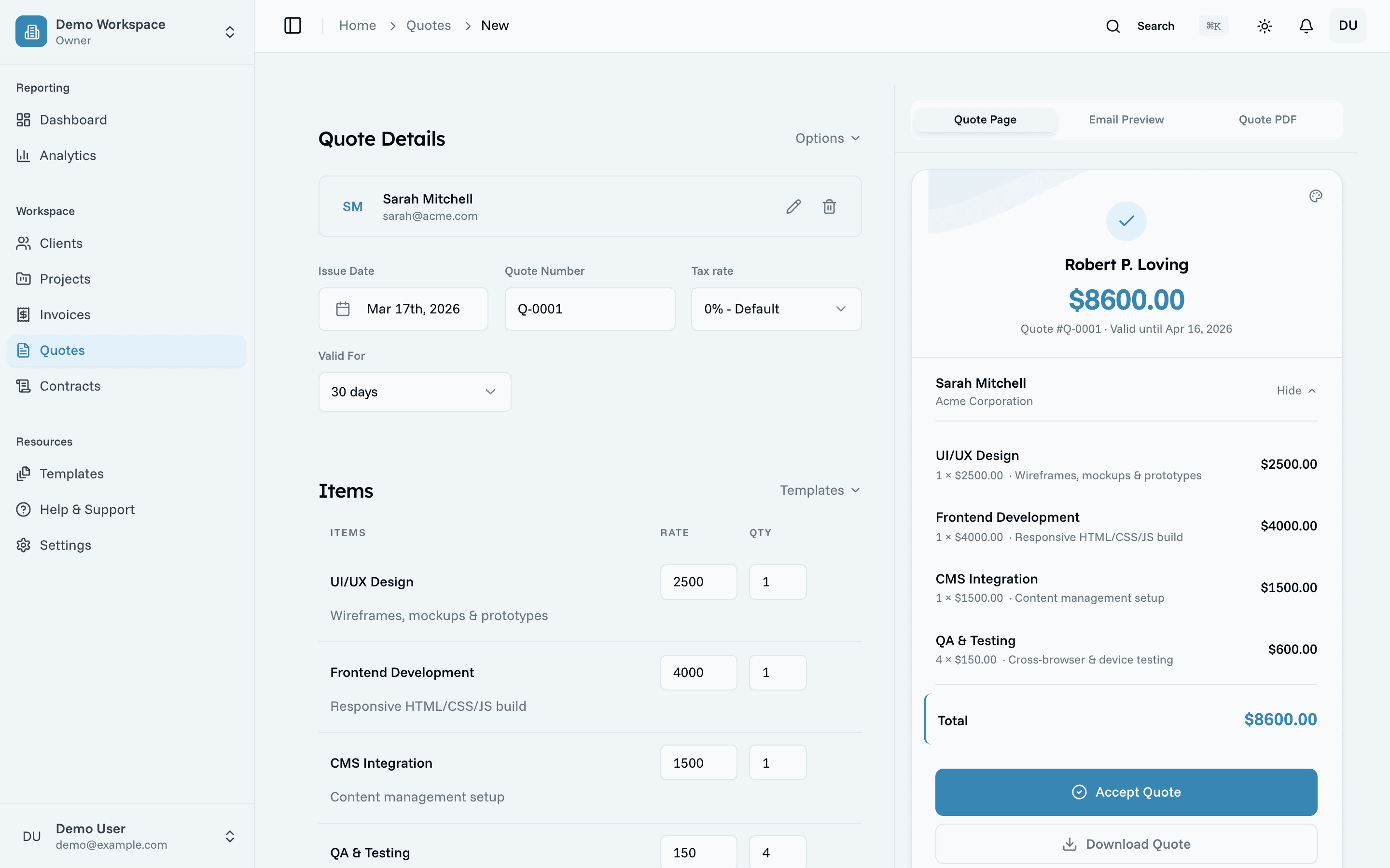 Oreko quote builder with live preview panel